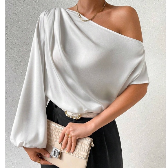 Classic Solid One Shoulder Ruched Blouse - Picture 7 of 12